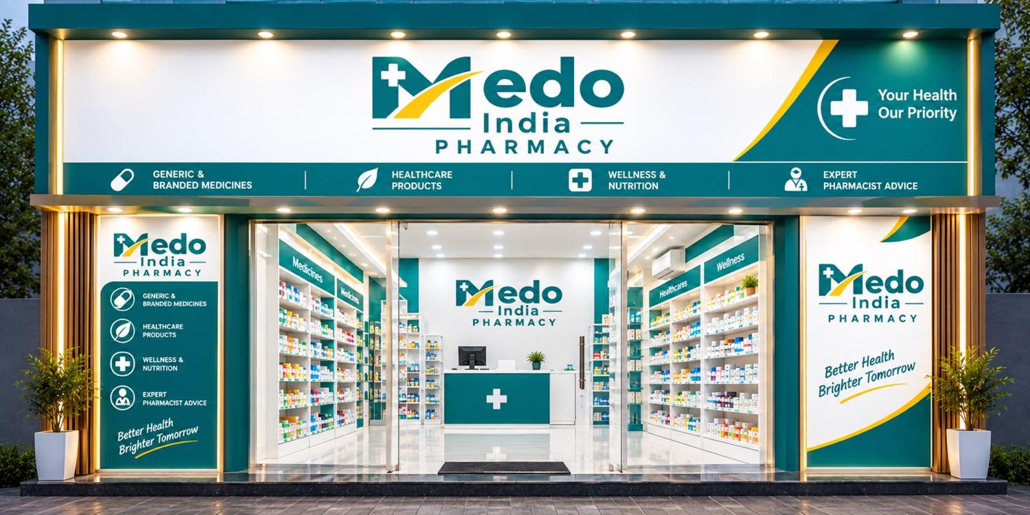 Illustrative concept of a MedoIndia Pharmacy storefront